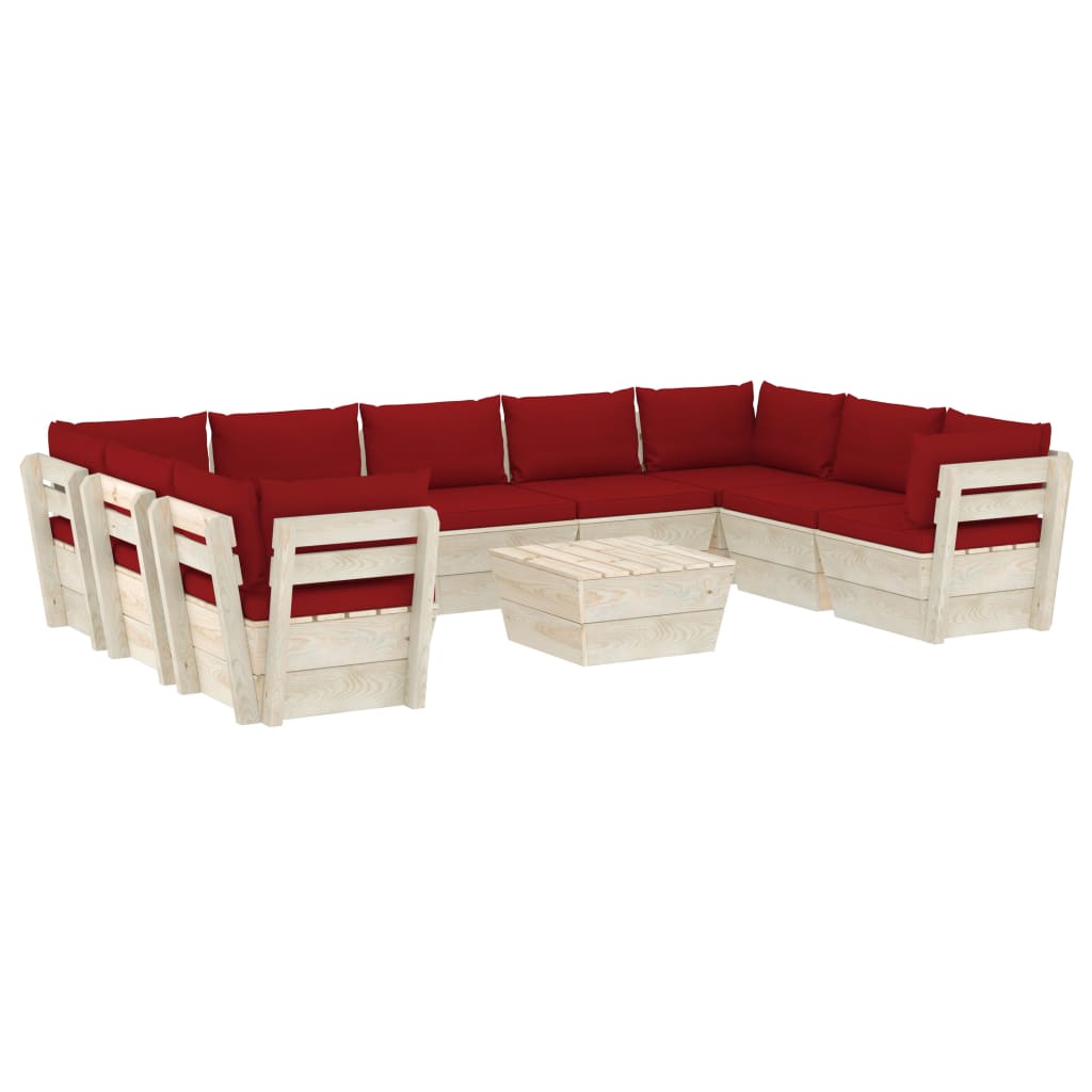 Set mobilier de gradina din paleti cu 1 masa si 9 canapele cu perne, vidaXL, Lemn, 60 x 60 x 65 cm, Rosu vin