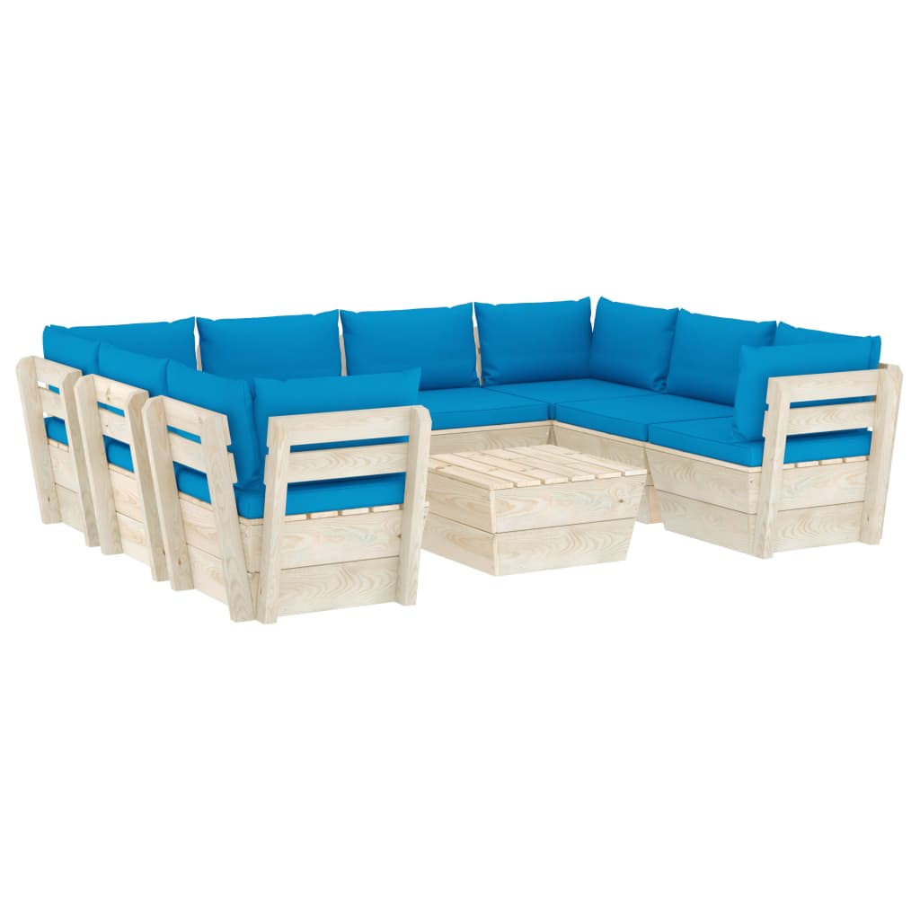 Set mobilier de gradina din paleti cu 1 masa si 8 canapele cu perne, vidaXL, Lemn, 60 x 60 x 65 cm, Albastru deschis