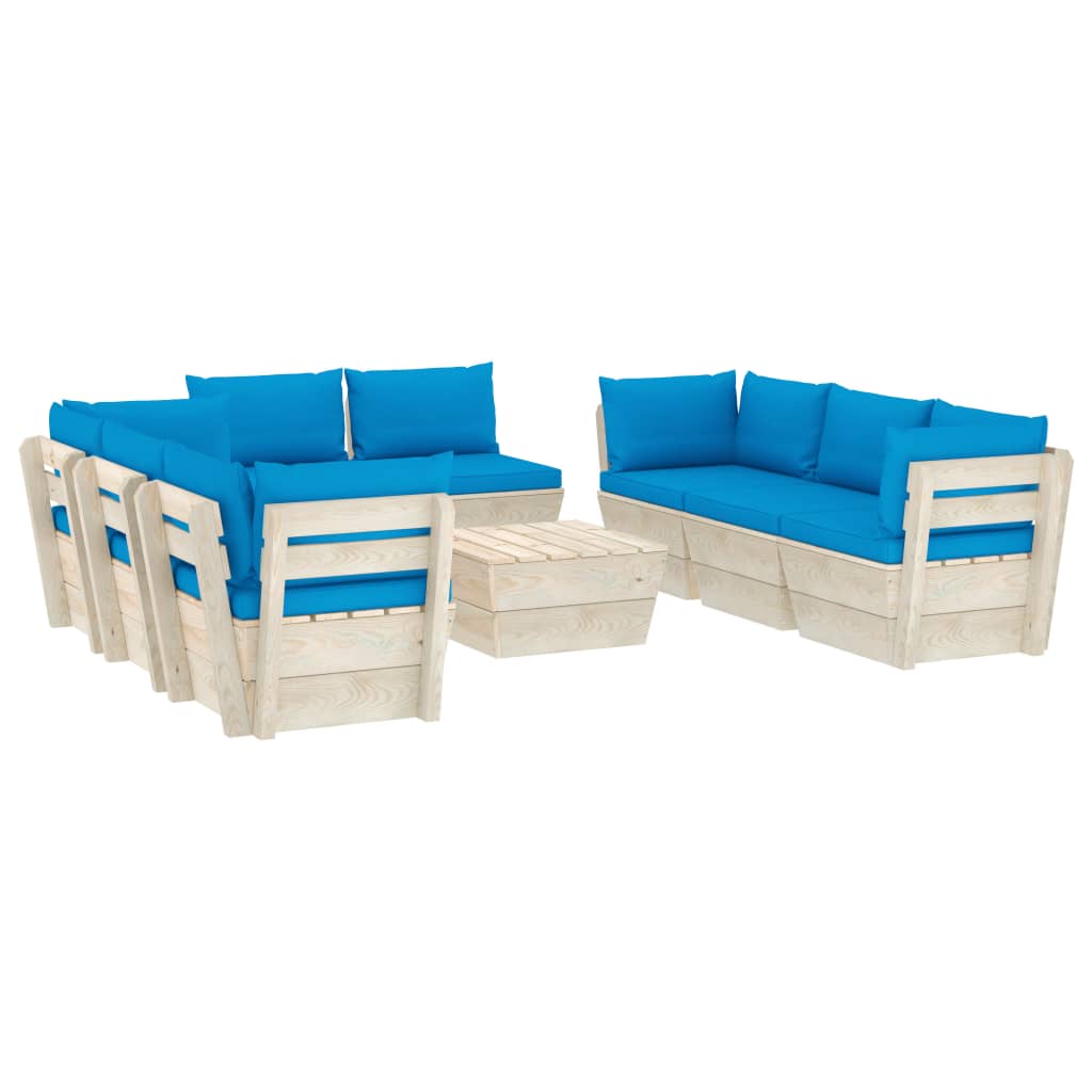 Set mobilier de gradina din paleti cu 9 piese cu perne colorate incluse, vidaXL, Lemn, 60 x 60 x 65cm, Albastru