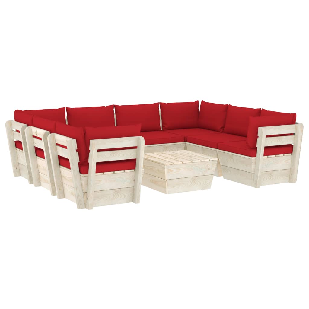 Set mobilier de gradina din paleti cu 1 masa si 8 canapele cu perne, vidaXL, Lemn, 60 x 60 x 65cm, Rosu