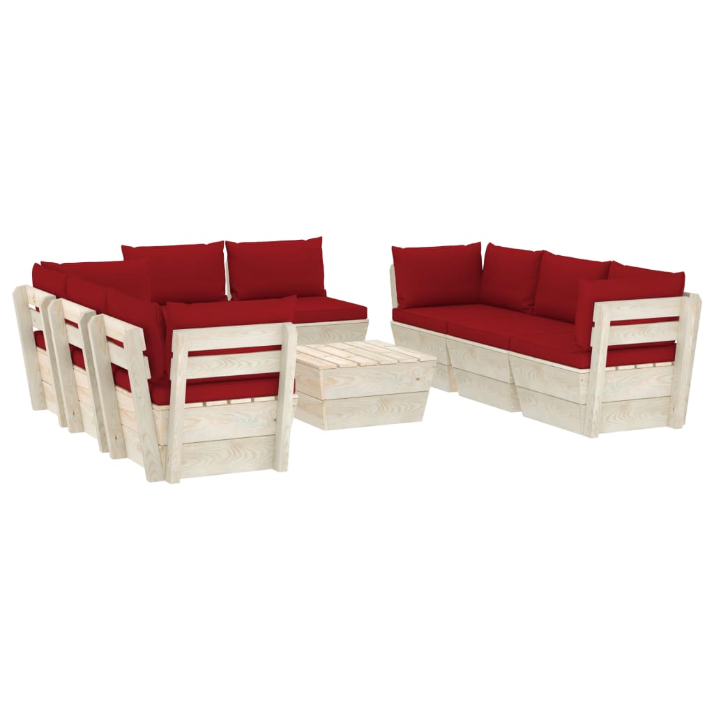 Set mobilier de gradina din paleti cu 8 piese cu perne colorate incluse, vidaXL, Lemn, 60 x 60 x 65cm, Rosu vin