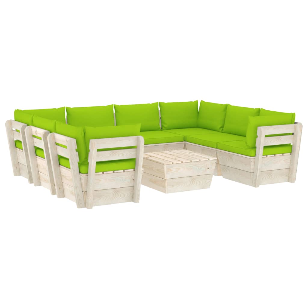 Set mobilier de gradina din paleti cu 1 masa si 8 canapele cu perne, vidaXL, Lemn, 60 x 60 x 65cm, Verde deschis