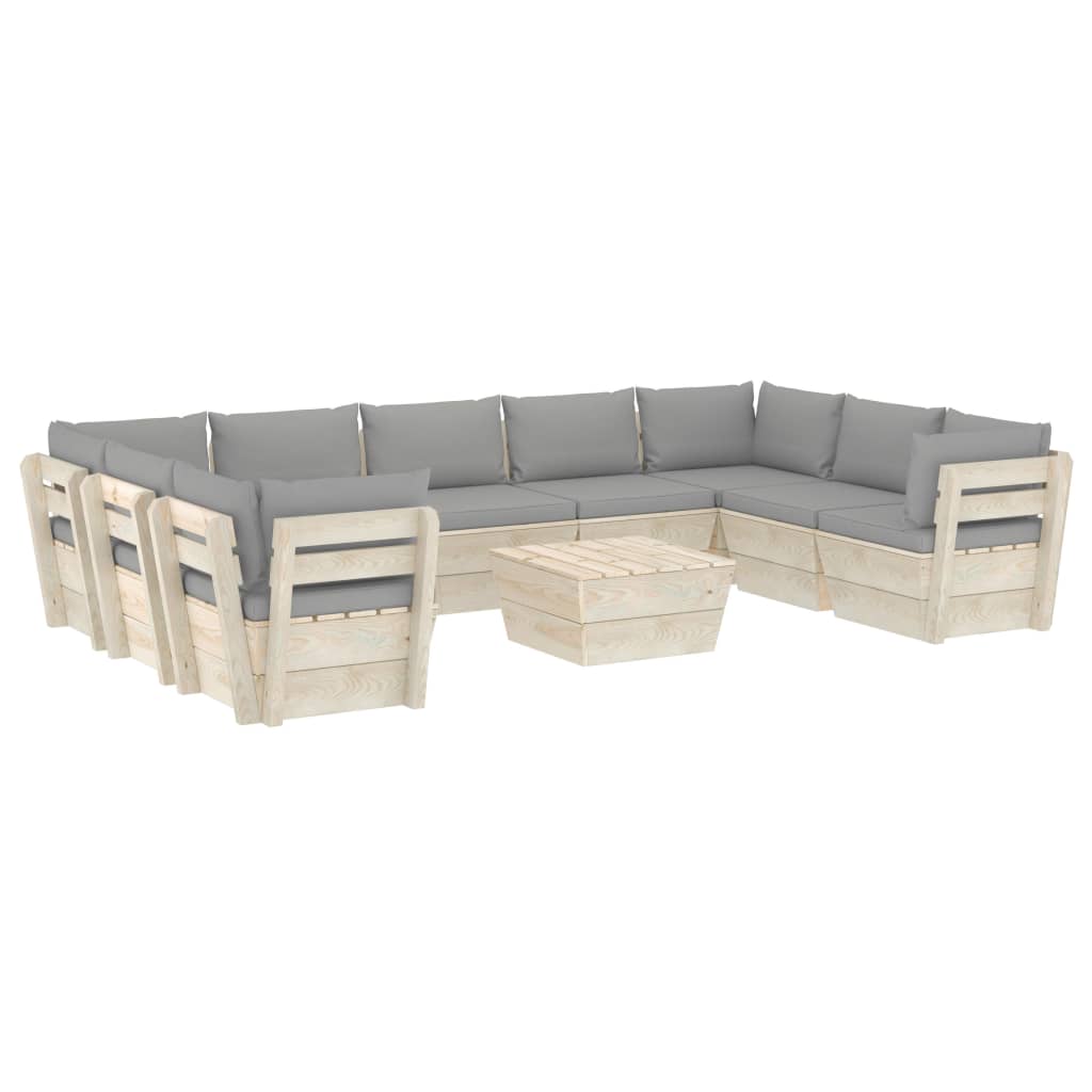 Set mobilier de gradina din paleti cu 1 masa si 9 canapele cu perne, vidaXL, Lemn, 60 x 60 x 65 cm, Gri