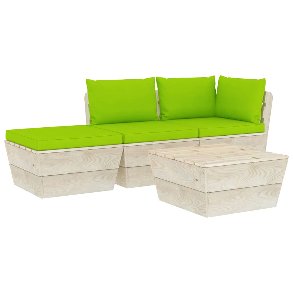 Set mobilier de gradina din paleti cu 4 piese cu perne, vidaXL, Lemn, 60 x 60 x 65 cm, Verde deschis