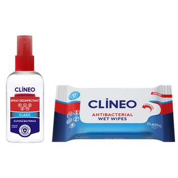 Pachet Clineo: Spray antibacterian, 80 ml + Servetele umede antibacteriene, 15 bucati Pachet Clineo: Spray antibacterian, 80 ml + Servetele umede antibacteriene, 15 bucati