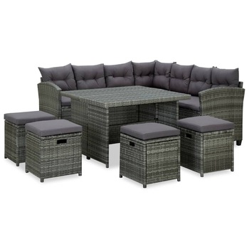 Set mobilier de gradina cu 1 masa, 4 tabureti si 1 canapea cu perne, vidaXL, Poliratan, 100 x 100 x 64 cm, Gri Set mobilier de gradina cu 1 masa, 4 tabureti si 1 canapea cu perne, vidaXL, Poliratan, 100 x 100 x 64 cm, Gri