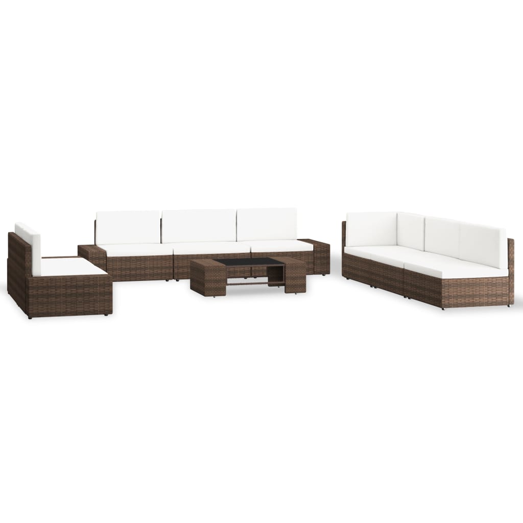 Set mobilier de gradina cu 1 masa cu blat din sticla si 8 canapele cu perne, vidaXL, Poliratan, 58.5 x 65.5 x 52 cm, Maro