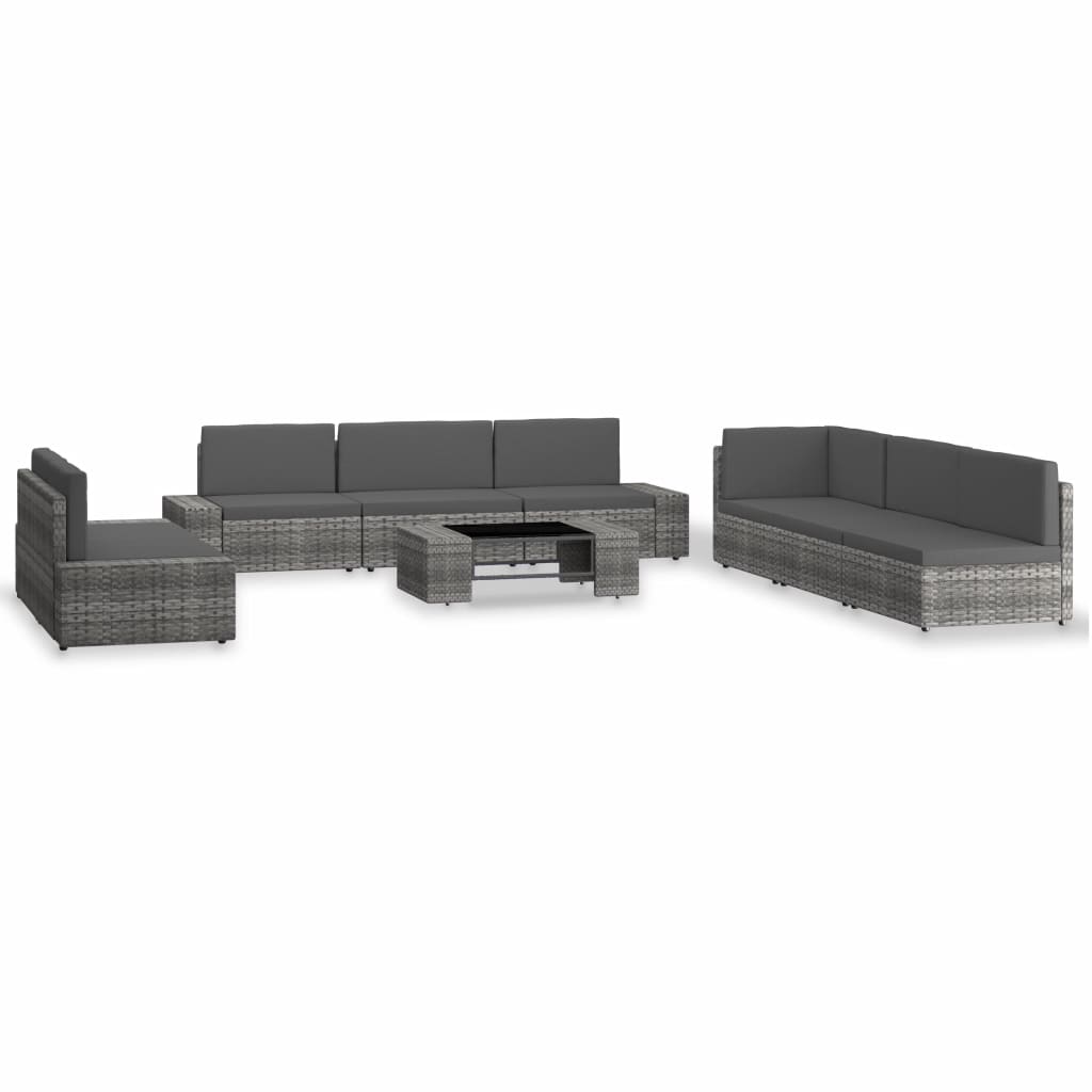 Set mobilier de gradina cu 1 masa cu blat din sticla si 8 canapele cu perne, vidaXL, Poliratan, 58.5 x 65.5 x 52 cm, Gri