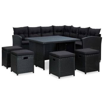Set mobilier de gradina cu 1 masa, 4 tabureti si 1 canapea cu perne, vidaXL, Poliratan, 100 x 100 x 64 cm, Negru Set mobilier de gradina cu 1 masa, 4 tabureti si 1 canapea cu perne, vidaXL, Poliratan, 100 x 100 x 64 cm, Negru