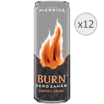 Bautura Energizanta Burn, Peach, Zero Zahar, Doza, 12 x 0.25l Bautura Energizanta Burn, Peach, Zero Zahar, Doza, 12 x 0.25l