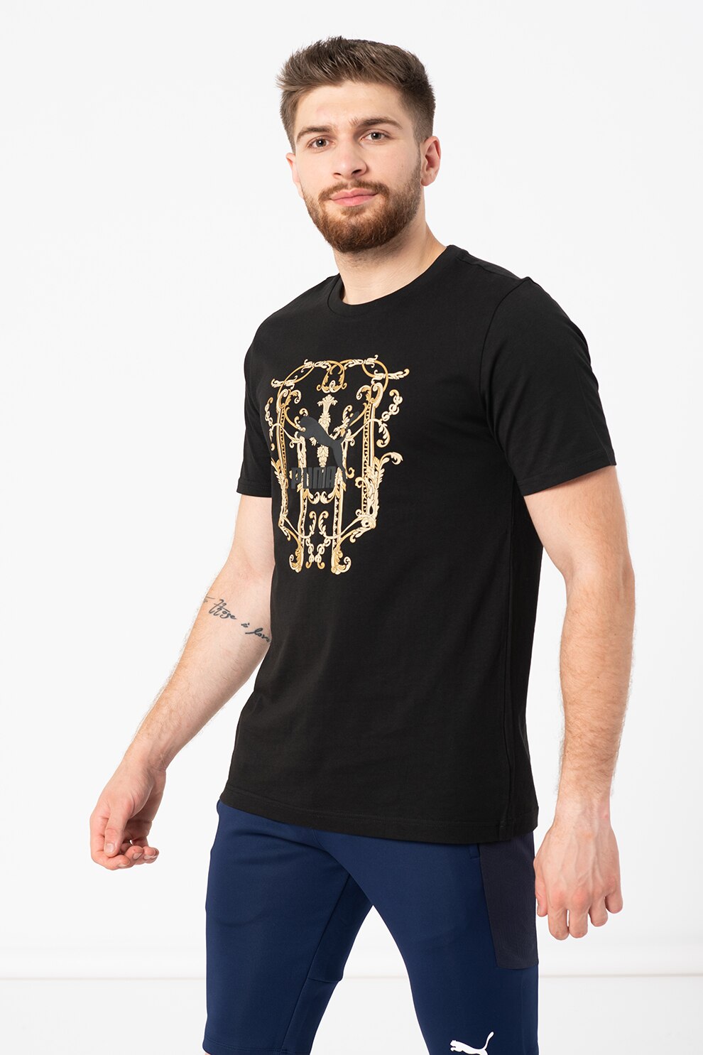 Puma, Tricou cu imprimeu baroc Luxe, Negru/Maro camel, XS