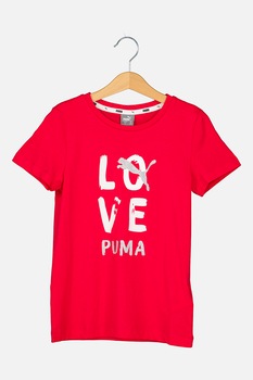 Puma, Tricou cu decolteu la baza gatului si logo stralucitor Alpha, Roz fucsia/alb/argintiu, 152 CM Puma, Tricou cu decolteu la baza gatului si logo stralucitor Alpha, Roz fucsia/alb/argintiu, 152 CM