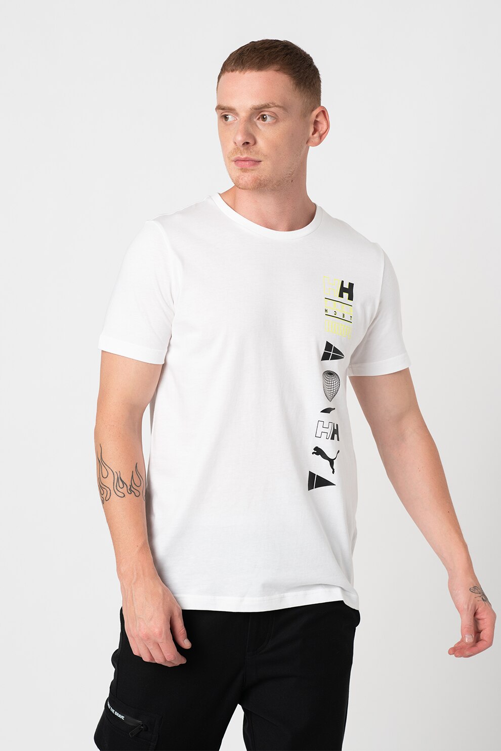 Puma, Tricou regular fit cu decolteu la baza gatului si imprimeu grafic, Alb/Negru/Verde, 2XL