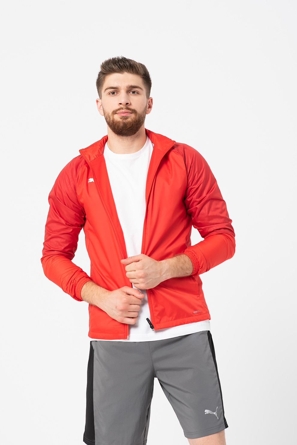 Puma, Jacheta rezistenta la vant, cu gluga, pentru antrenament Cup, Rosu/Alb