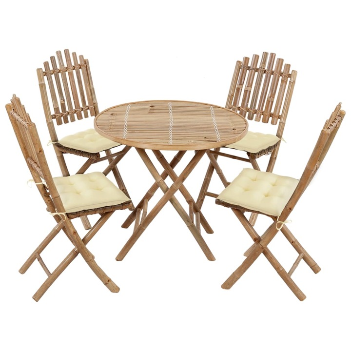 Set mobilier de exterior cu 1 masa rotunda si 4 scaune cu perne crem, vidaXL, Bambus, 80 x 70 cm, Maro