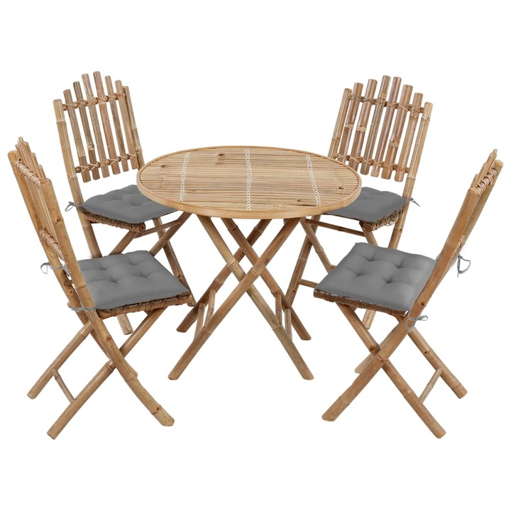 Set mobilier de exterior cu 1 masa rotunda si 4 scaune cu perne gri, vidaXL, Bambus, 80 x 70 cm, Maro