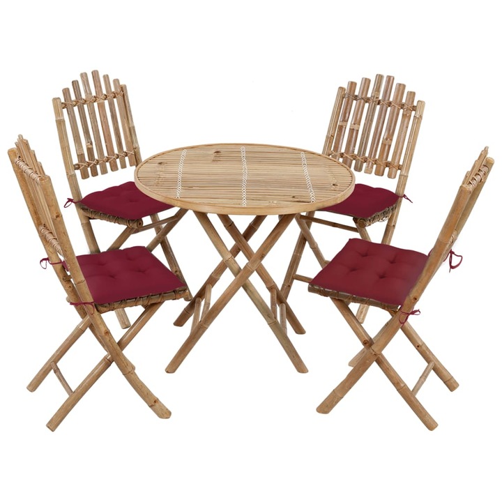 Set mobilier de exterior cu 1 masa rotunda si 4 scaune cu perne rosii, vidaXL, Bambus, 80 x 70 cm, Maro