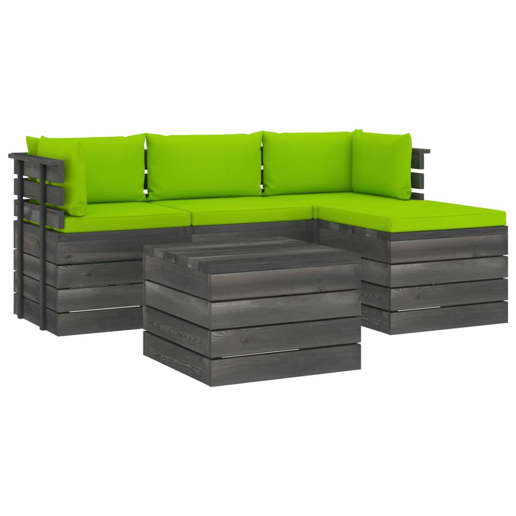 Set mobilier de gradina din lemn masiv de pin cu 5 piese cu perne, vidaXL, Lemn, 60 x 65 x 71.5 cm, Verde deschis
