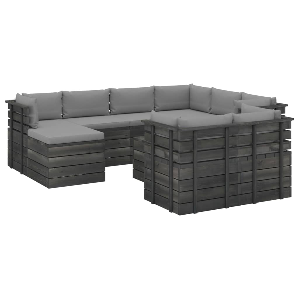 Set mobilier de gradina cu 10 piese din lemn masiv de pin cu perne, vidaXL, Lemn, 60 x 65 x 71.5 cm, Gri