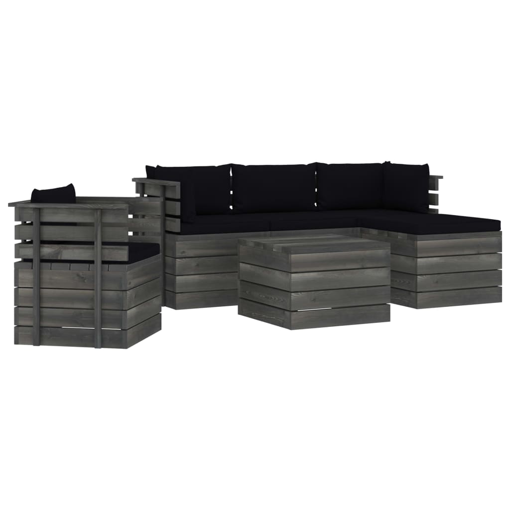 Set mobilier de gradina din lemn masiv de pin cu 6 piese cu perne, vidaXL, Lemn, 60 x 65 x 71.5cm, Negru