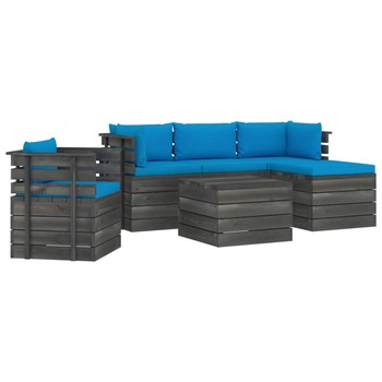 Set mobilier de gradina din lemn masiv de pin cu 6 piese cu perne, vidaXL, Lemn, 60 x 65 x 71.5 cm, Albastru deschis