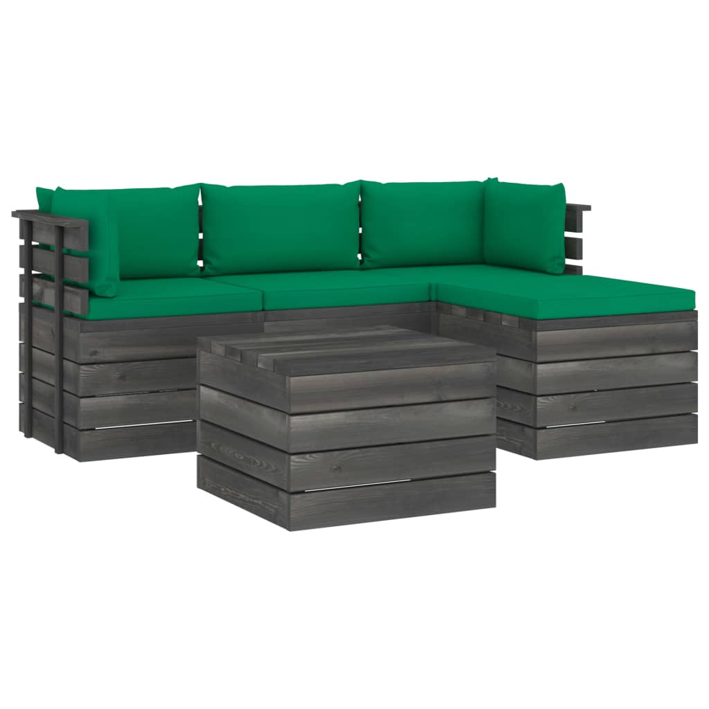 Set mobilier de gradina din lemn masiv de pin cu 5 piese cu perne, vidaXL, Lemn, 60 x 65 x 71.5 cm, Verde