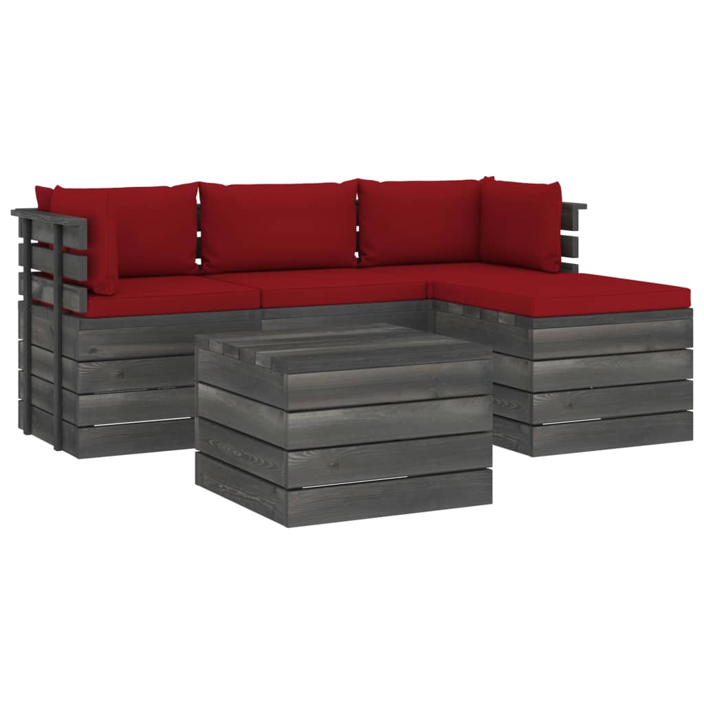 Set mobilier de gradina din lemn masiv de pin cu 5 piese cu perne, vidaXL, Lemn, 60 x 65 x 71.5cm, Rosu vin