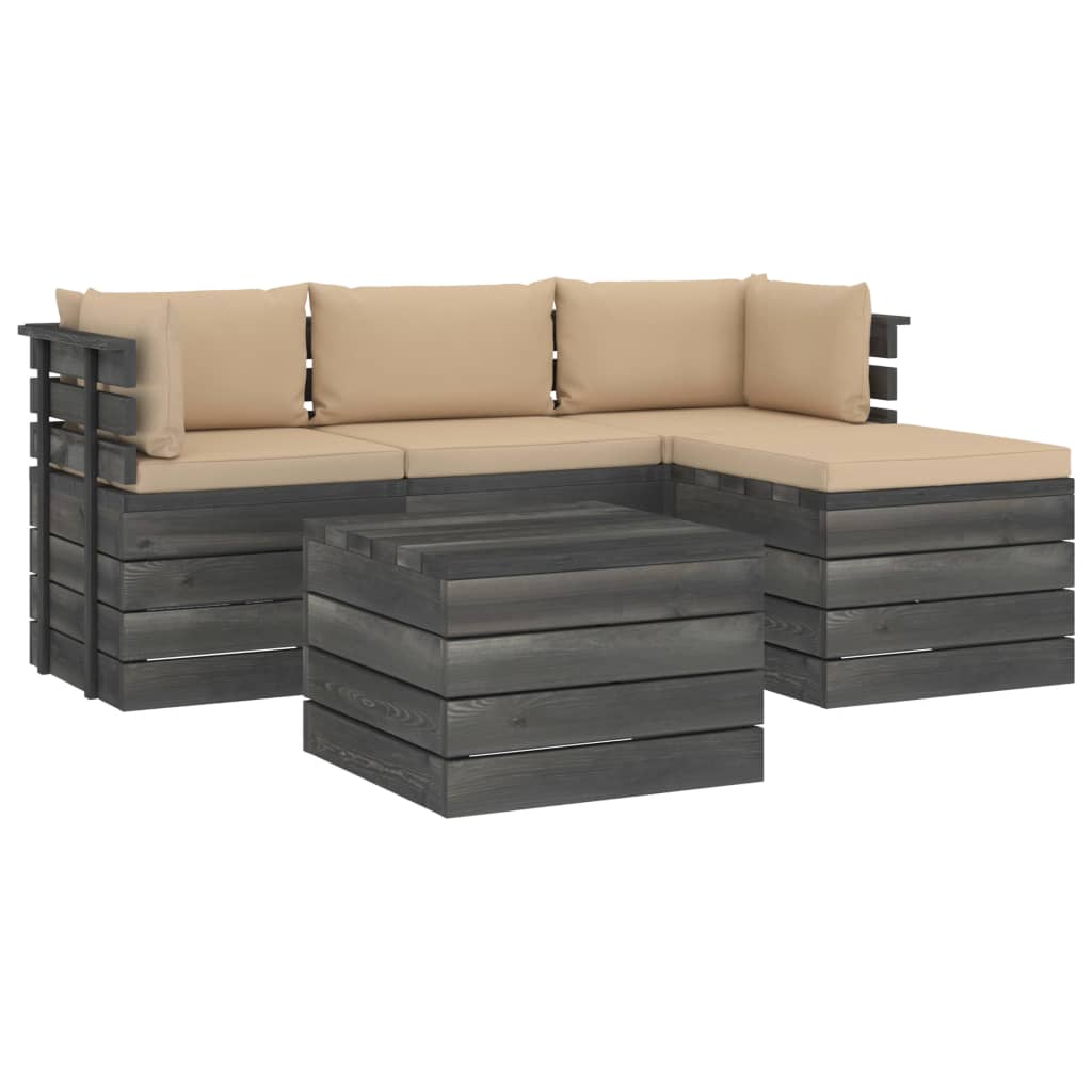 Set mobilier de gradina din lemn masiv de pin cu 5 piese cu perne, vidaXL, Lemn, 60 x 65 x 71.5 cm, Bej