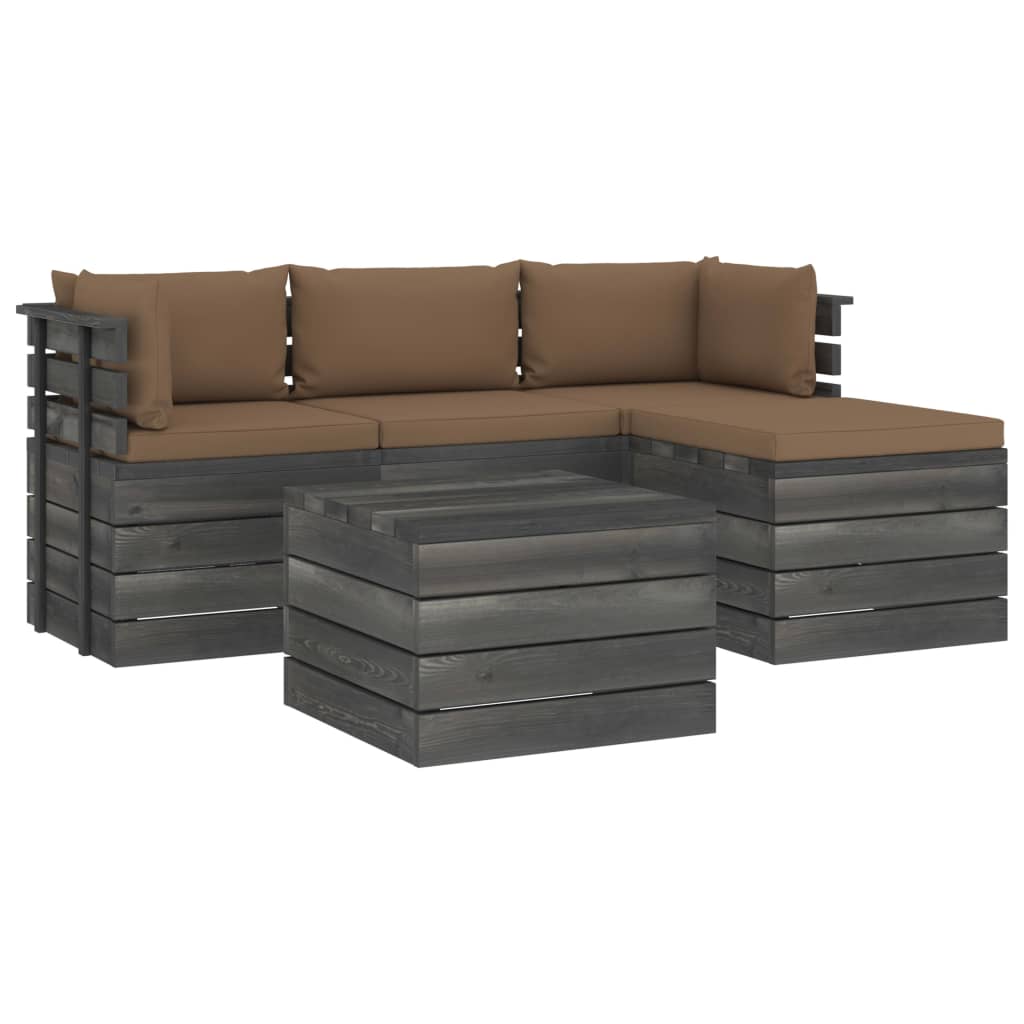 Set mobilier de gradina din lemn masiv de pin cu 5 piese cu perne, vidaXL, Lemn, 60 x 65 x 71.5cm, Taupe