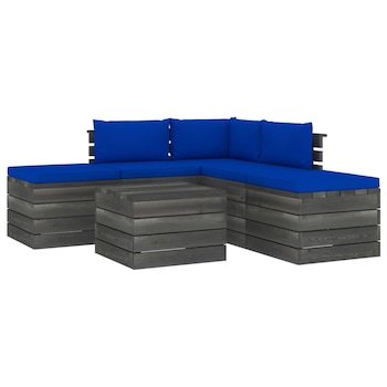 Set mobilier de gradina cu 1 masa, 2 tabureti si 3 canapele cu perne, vidaXL, Lemn, 60 x 65 x 71.5 cm, Albastru