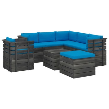 Set mobilier de gradina din 8 piese cu fotoliu cu perne colorate incluse, vidaXL, Lemn, 60 x 65 x 71.5 cm, Albastru deschis