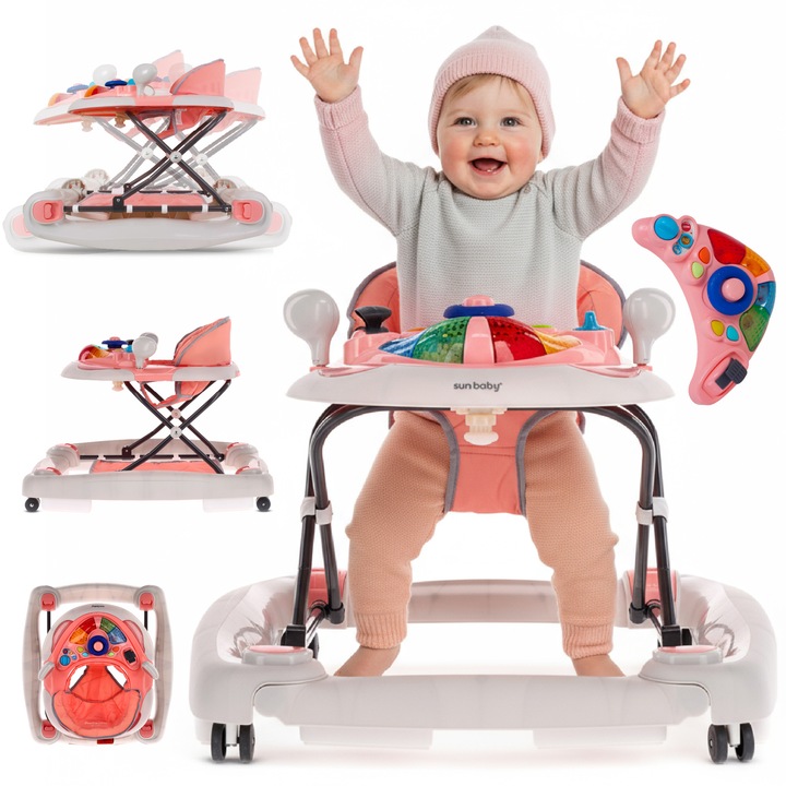 Mers interactiv pentru copii, Sun Baby, leagan, cu volan, 72x62x52cm, 6 luni +, roz/gri