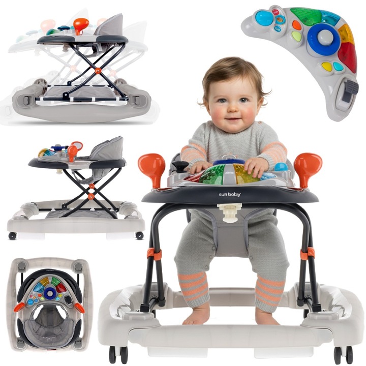 Mers interactiv pentru copii, Sun Baby, leagan, cu volan, 72x62x52cm, 6 luni +, gri