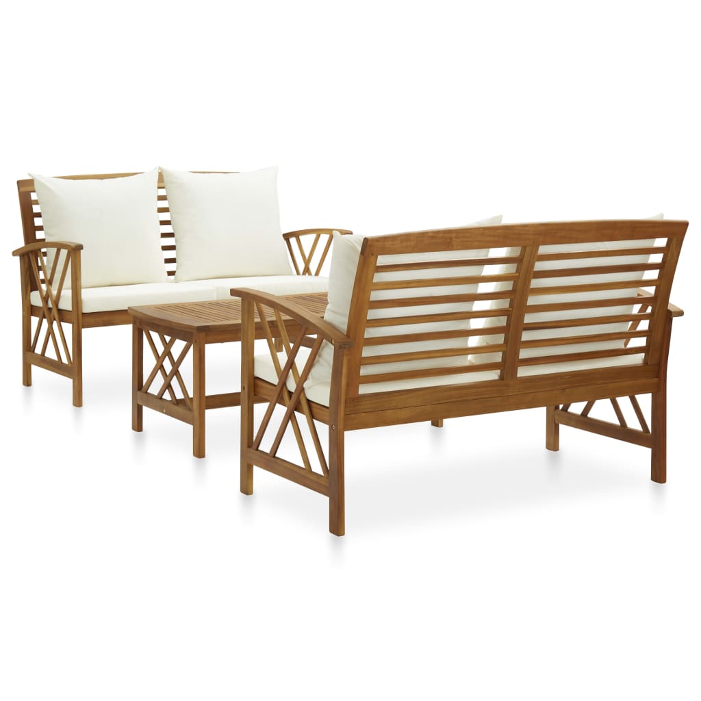 Set mobilier de exterior cu 1 masa si 2 banci cu perne alb crem, vidaXL, Lemn, 102 x 50 x 43 cm, Maro