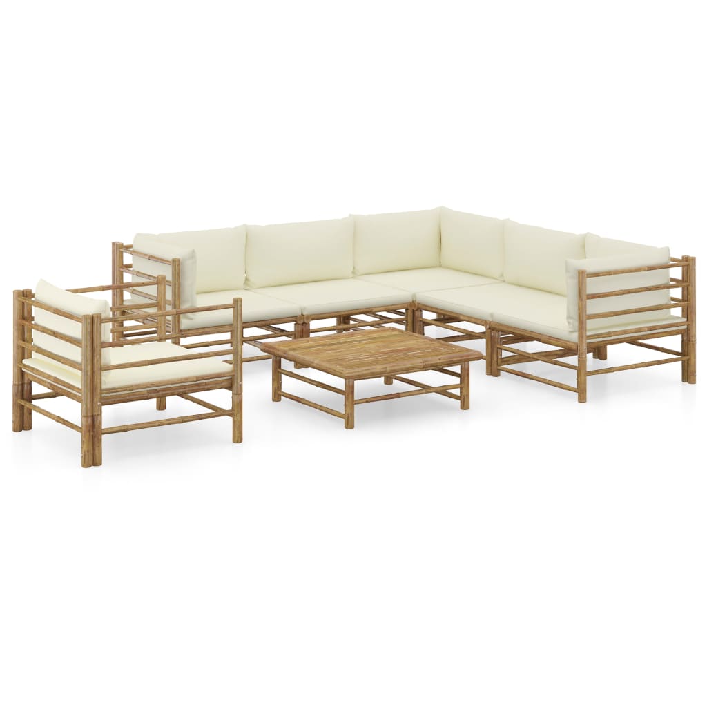 Set mobilier de gradina cu 7 piese cu fotoliu si perne, vidaXL, Bambus, 65 x 65 x 30 cm, Maro