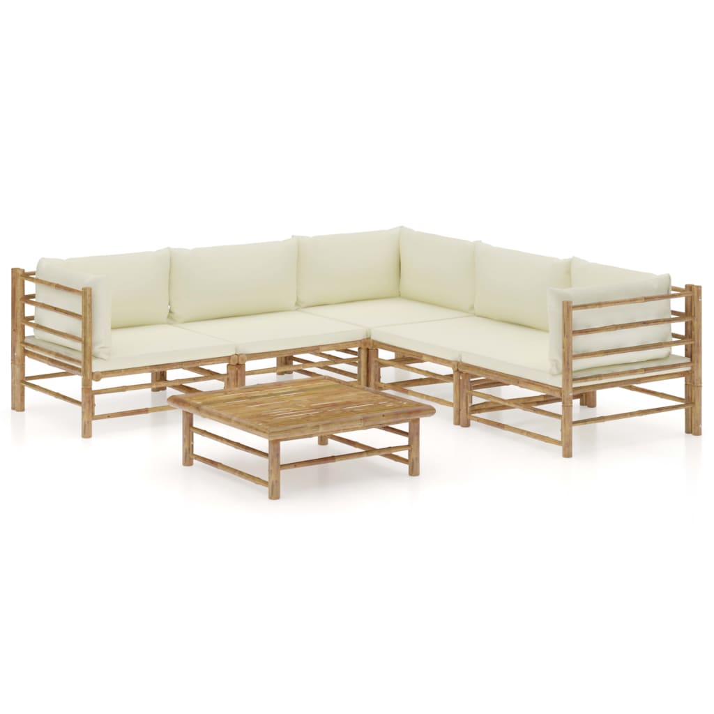 Set mobilier de gradina cu 1 masa si 5 canapele cu perne crem, vidaXL, Bambus, 65 x 65 x 30 cm, Maro