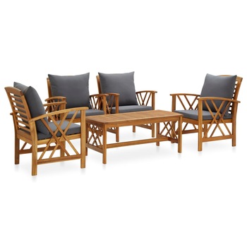 Set mobilier de exterior cu 5 piese cu perne, vidaXL, Lemn, 102 x 50 x 43 cm, Maro Set mobilier de exterior cu 5 piese cu perne, vidaXL, Lemn, 102 x 50 x 43 cm, Maro