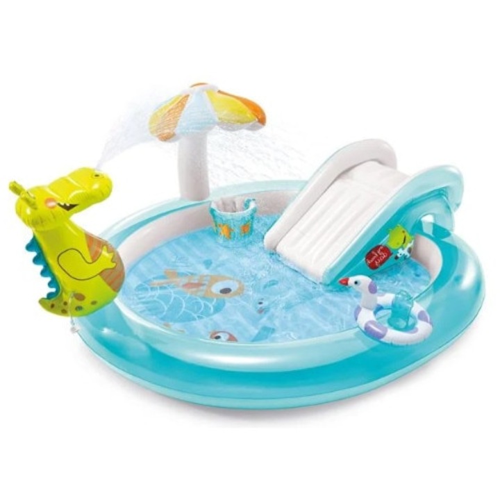 Felfújható medence csúszdával és krokodillal gyerekeknek, INTEX, 2,00 x 1,70 x 0,85 m