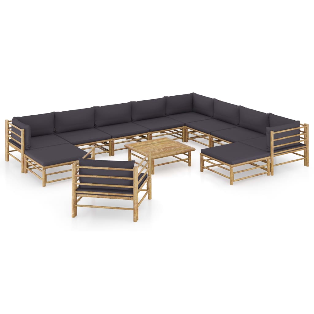 Set mobilier de gradina cu 12 piese cu fotoliu si perne gri inchis incluse, vidaXL, Bambus, 65 x 65 x 30 cm, Maro