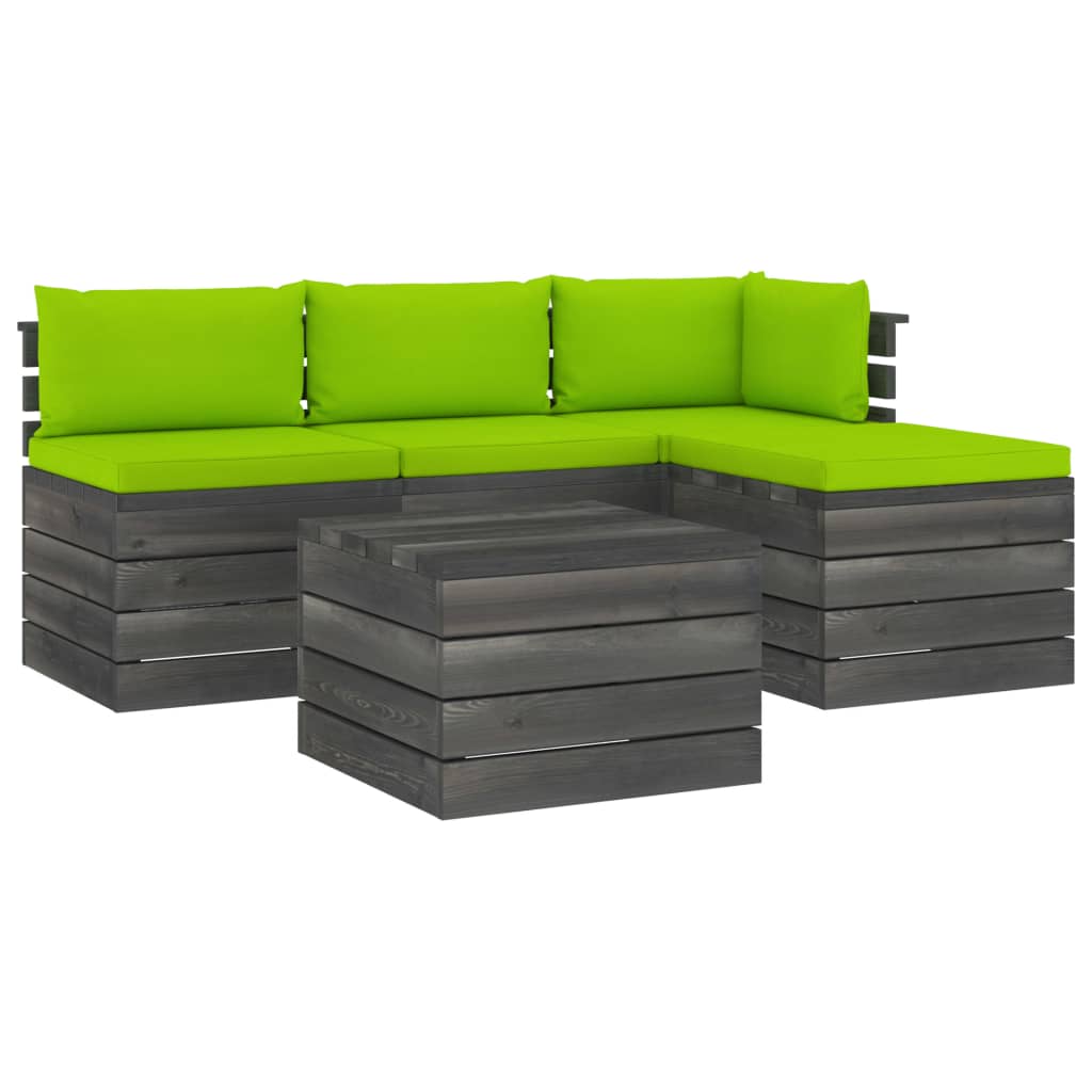 Set mobilier de gradina cu 5 piese cu perne colorate incluse, vidaXL, Lemn, 60 x 65 x 71.5 cm, Verde deschis