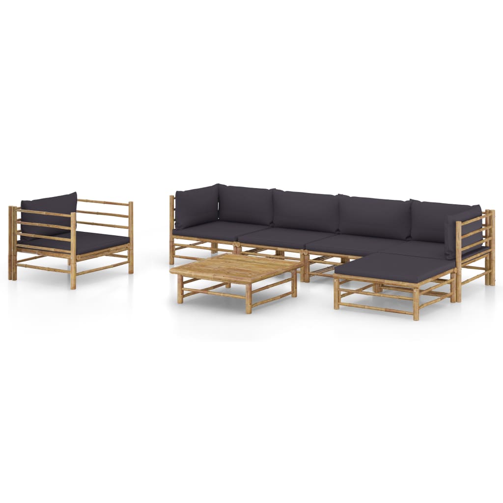 Set mobilier de gradina cu 7 piese cu perne gri inchis incluse, vidaXL, Bambus, 65 x 65 x 30 cm, Maro