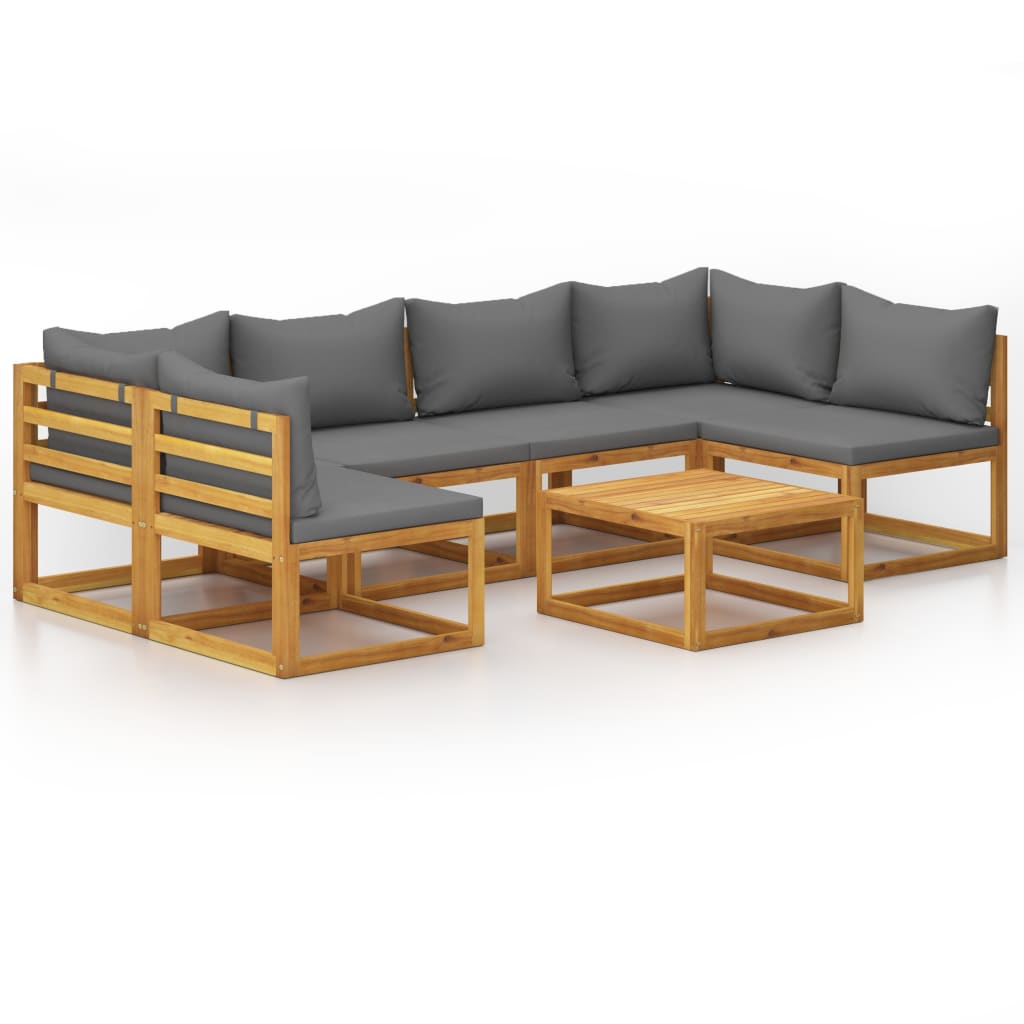 Set mobilier de gradina cu 7 piese din lemn de acacia cu spatar si perne incluse, vidaXL, Lemn de acacia, 68 x 68 x 29 cm, Gri