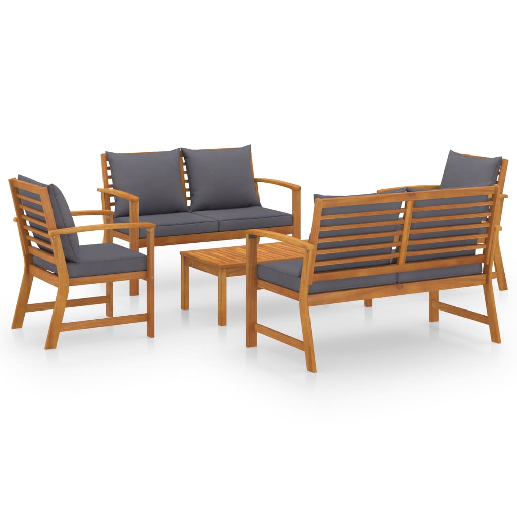 Set mobilier de gradina cu 1 masa, 2 fotolii si 2 banci cu perne, vidaXL, Lemn de acacia, 100 x 50 x 33 cm, Maro