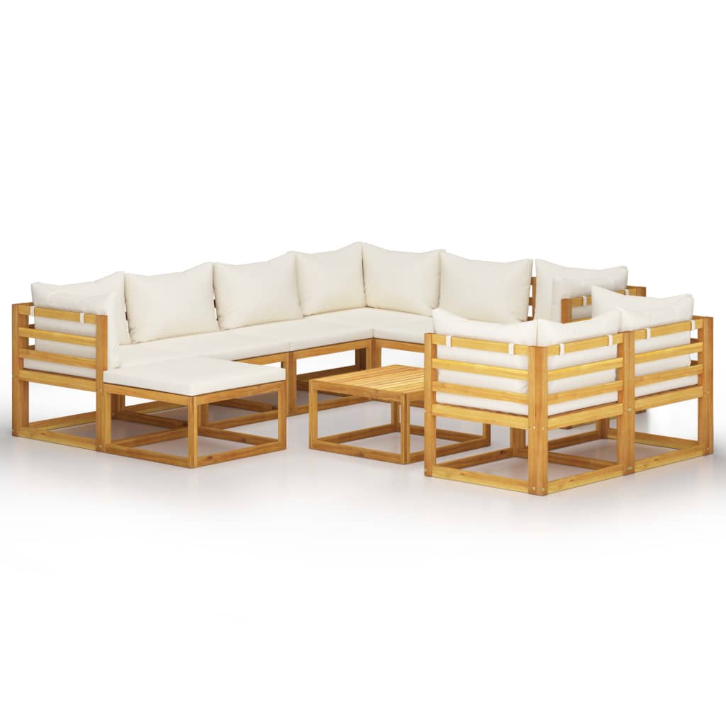 Set mobilier de gradina cu 10 piese cu perne, vidaXL, Lemn de acacia, 68 x 68 x 29 cm, Crem