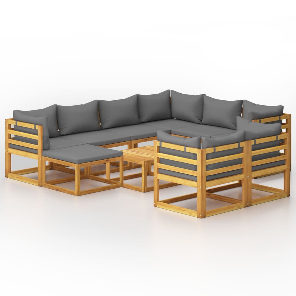 Set mobilier de gradina cu 10 piese din lemn de acacia cu perne incluse, vidaXL, Lemn de acacia, 68 x 68 x 29 cm, Gri