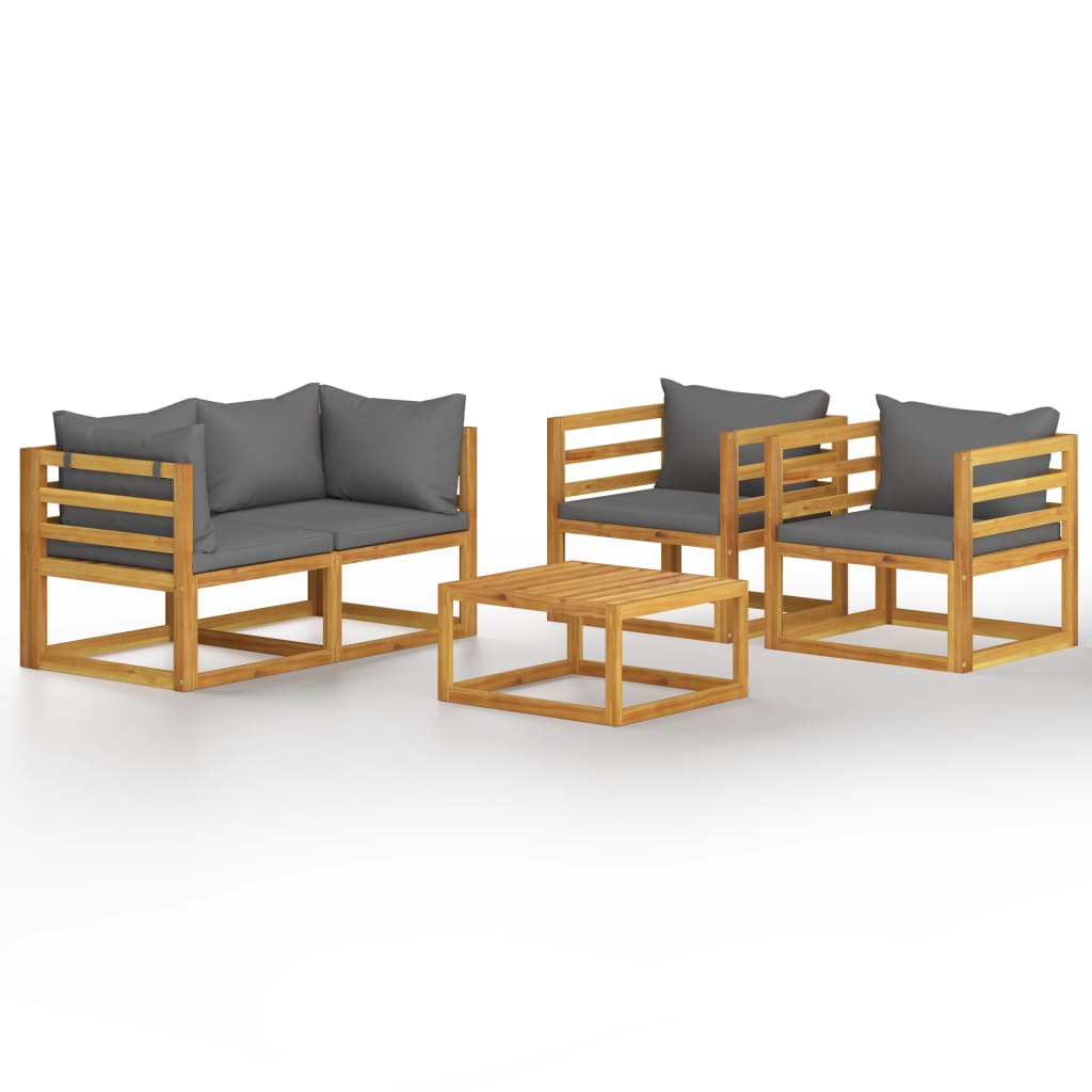 Set mobilier de gradina cu 5 piese din lemn de acacia cu perne incluse, vidaXL, Lemn de acacia, 68 x 68 x 29 cm, Gri