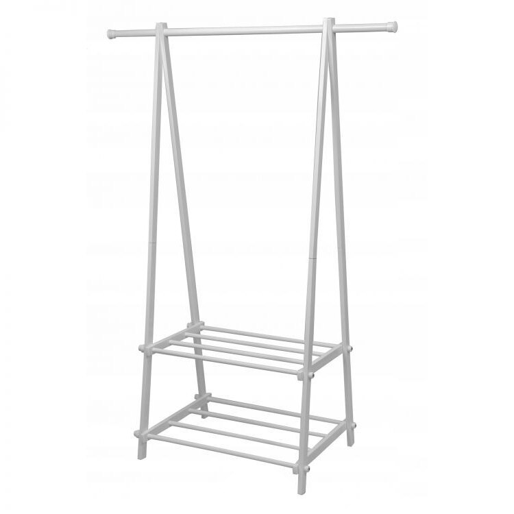 Umeras cu 2 rafturi inferioare, cadru metalic, polite pentru pantofi, traversa pentru umerase, 150 x 107 x 43.5 cm, alb