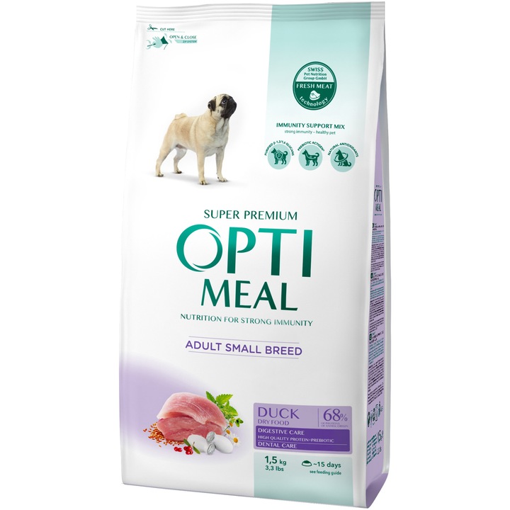 Hrana uscata completa Optimeal pentru caini adulti de talie mica - Rata 1,5 kg