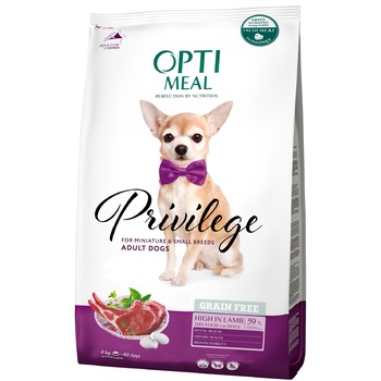 Grain free Hrana uscata Optimeal Privilege pentru caini de talie mica si foarte mica - cu continut ridicat de Miel, 4 kg Grain free Hrana uscata Optimeal Privilege pentru caini de talie mica si foarte mica - cu continut ridicat de Miel, 4 kg