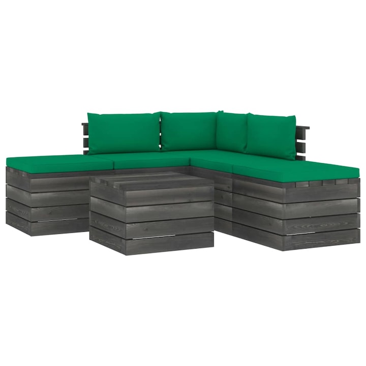 Set mobilier de gradina cu 1 masa, 2 tabureti si 3 canapele cu perne, vidaXL, Lemn, 60 x 65 x 71.5 cm, Verde